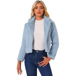 Cropped Jacket Notch Lapel Faux Fur Fluffy Coat Light Blue